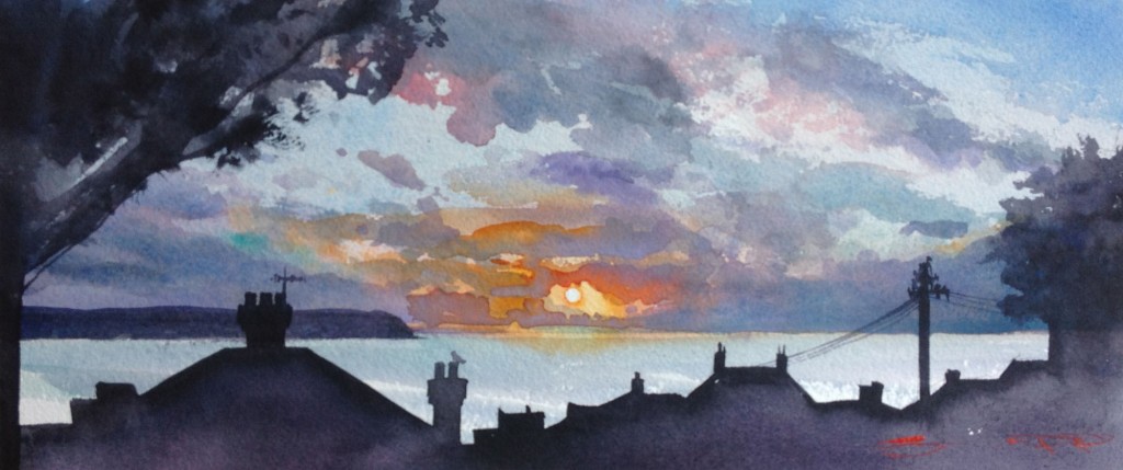 Coming Back Along. Woolacombe winter watercolour painting from the Steve PP art gallery.