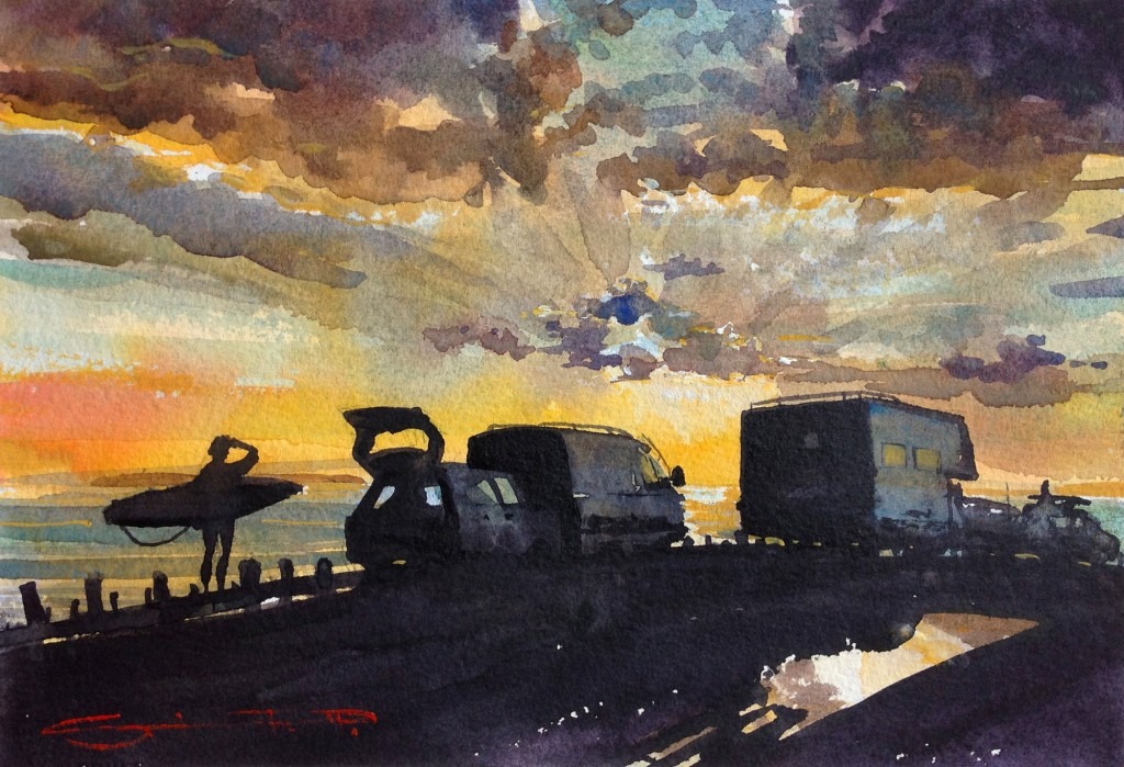 "Apres Surf" Woolacombe Bay Sunset Surfer water-colour painting from the Woolacombe Art Gallery of Steve PP.