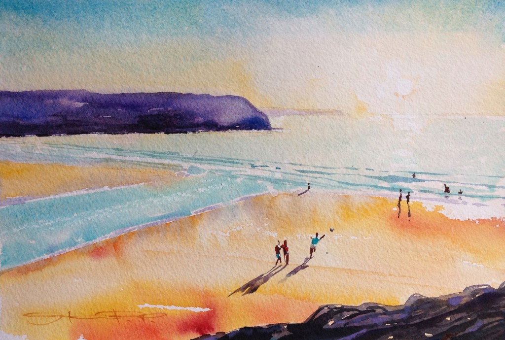 "Low tide Half time" a hot late afternoon game of beach football . Woolacombe Bay watercolour painting by North devon Artist Steven Pleydell-Pearce from the Woolacombe Art Gallery of Steve PP