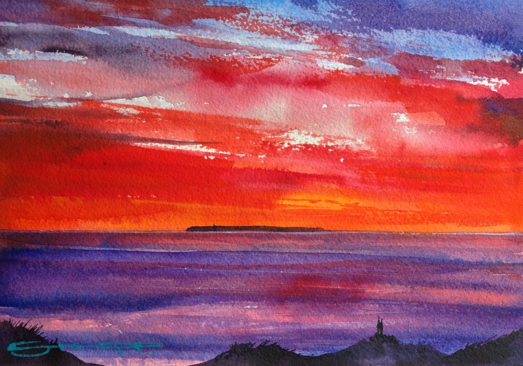 Lundy Sunsetters Lundy Island sunset watercolour painting by Woolacombe Bay artist Steve PP available from his North Devon Art gallery