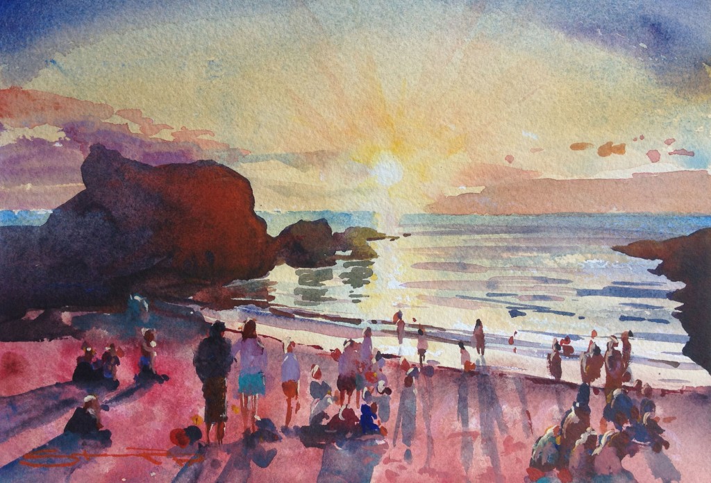 Worshipping at the Shrine , Barricane Beach, Woolacombe Bay sunset watercolour painting by North Devon Artist Steve PP, available from his Woolacombe Fine Art Gallery