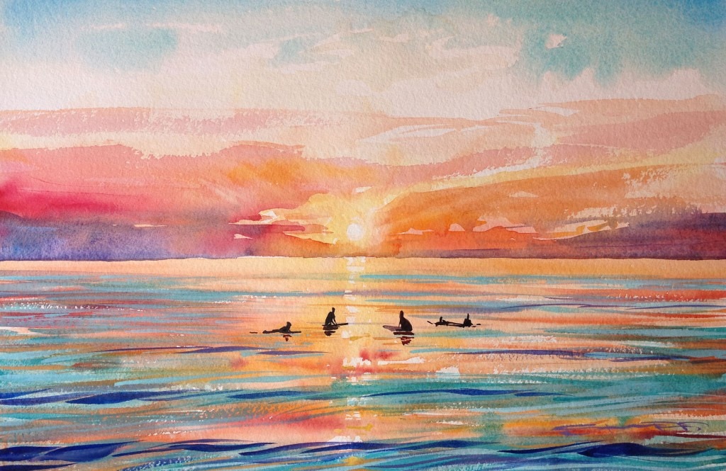 "Waiting for that last Set " surfers sat in the lineup waiting for the final wave of the day. watercolour painting by artist Steve PP available from his Woolacombe Art Gallery