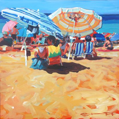 parasol beach summer beach painting with free postage from Woolacombe artist Steve PP