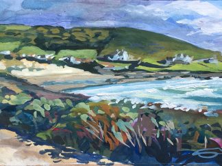 Coast path walk around Baggy Point with a White House and Croyde Bay in the distance