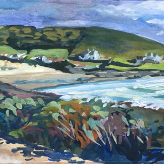 Coast path walk around Baggy Point with a White House and Croyde Bay in the distance
