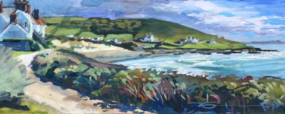 Coast path walk around Baggy Point with a White House and Croyde Bay in the distance