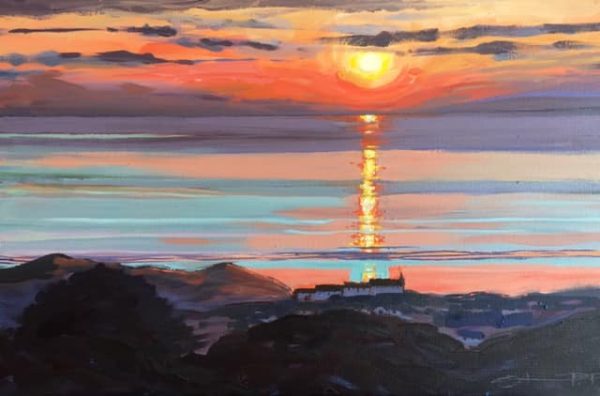 Original painting of a Spring sunset going down near Lundy island, with the Woolacombe Bay Hotel in the foreground.