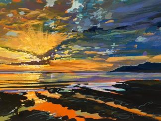 Vibrant colourful painting of an April sunset over Woolacombe by Steve PP.