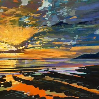 Vibrant colourful painting of an April sunset over Woolacombe by Steve PP.