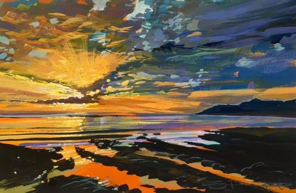 Vibrant colourful painting of an April sunset over Woolacombe by Steve PP.