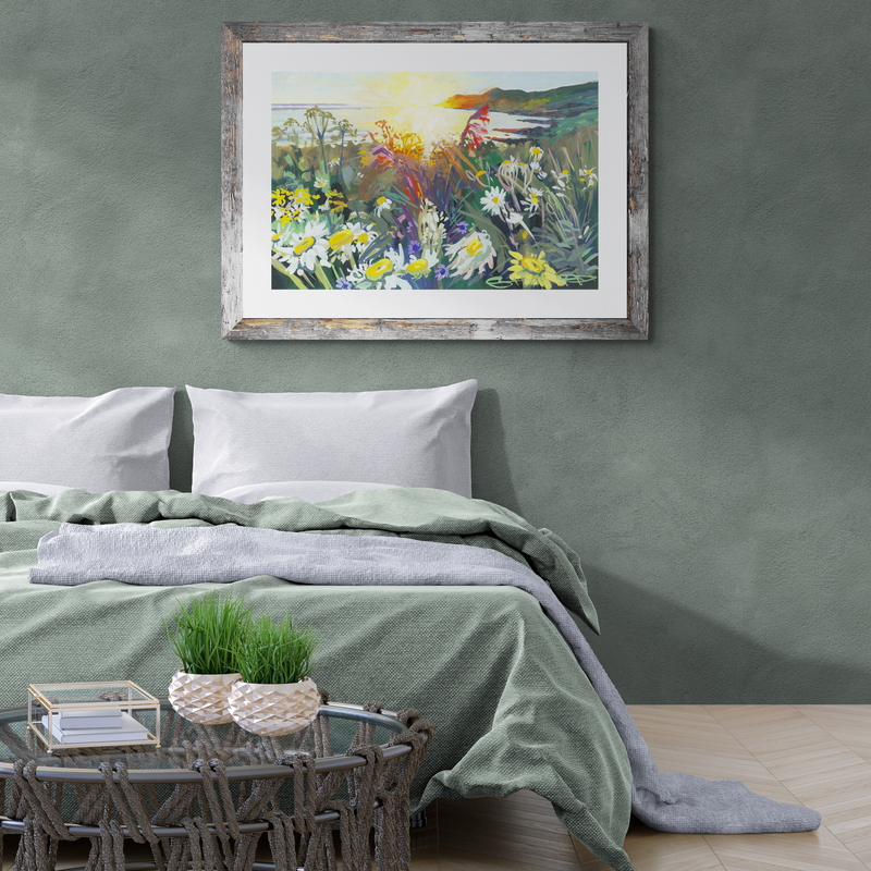 Spring Swansong art print hanging in a grey wood frame in a bedroom