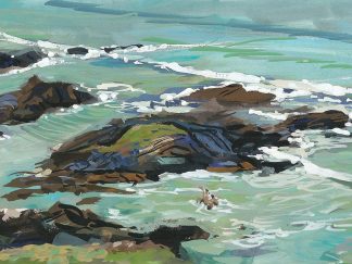 sea swimmers bathing on woolacombe beach , gouache painting by artist steve pleydell-pearce