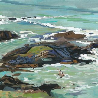 sea swimmers bathing on woolacombe beach , gouache painting by artist steve pleydell-pearce