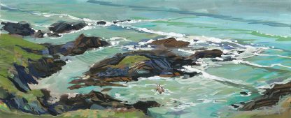 sea swimmers bathing on woolacombe beach , gouache painting by artist steve pleydell-pearce