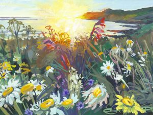Spring flowers glowing in a late may sunset at woolacombe Beach, painted by Woolacombe artist Steve PP
