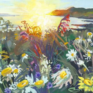 Spring flowers glowing in a late may sunset at woolacombe Beach, painted by Woolacombe artist Steve PP