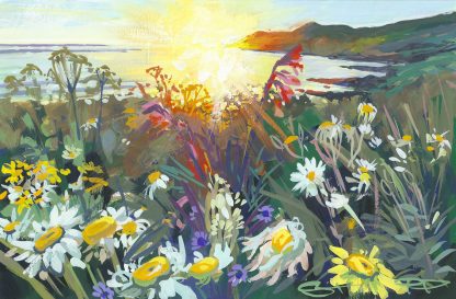 Spring flowers glowing in a late may sunset at woolacombe Beach, painted by Woolacombe artist Steve PP
