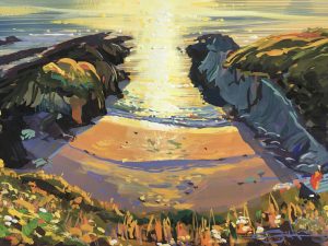 Gouache painting of a warm golden september sunset on Barricane Beach Woolacombe painted by Steve PP