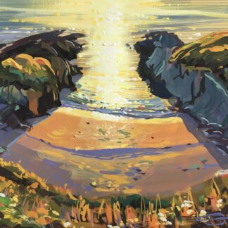 Gouache painting of a warm golden september sunset on Barricane Beach Woolacombe painted by Steve PP