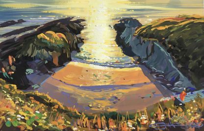 Gouache painting of a warm golden september sunset on Barricane Beach Woolacombe painted by Steve PP