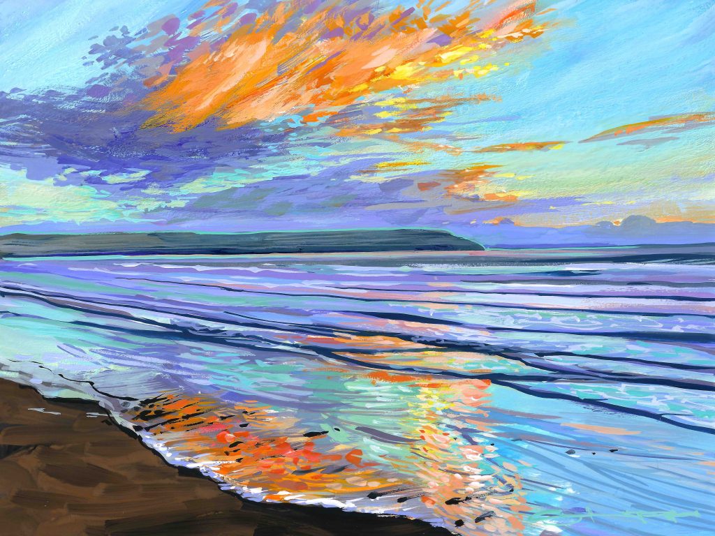 Winter solstice sunset painting over woolacombe beach by devon landscape artist Steve PP>