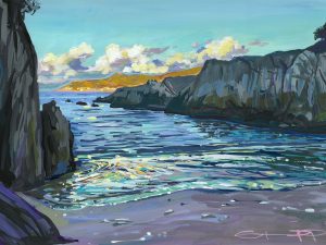 Fancy a dip - Barricane beach gouache painting by Woolacombe landscape artist Steve PP
