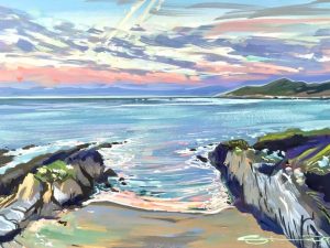 early morning moon over barricane beach woolacombe. painted by devon artist Steve PP.