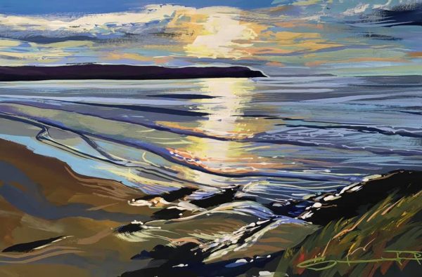 colourful sunset painting over Woolacombe Beach by Devon landscape artist Steve PP.