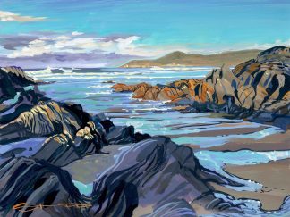 Barricane beach in the December sunshine. Colourful seascape gouache landscape painting by woolacombe artist Steve PP.