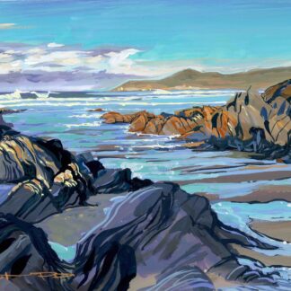 Barricane beach in the December sunshine. Colourful seascape gouache landscape painting by woolacombe artist Steve PP.