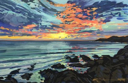 Warm colourful painting of a sunset painted by woolacombe landscape artist Steve PP