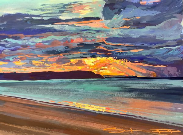 Uplifting colourful sunset gouache painting by Woolacombe landscape artist Steve PP.