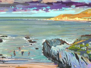 Colourful coastal landscape painting by Woolacombe artist Steve PP of January sea swimmers bathing at Barricane Beach North devon.