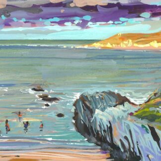 Colourful coastal landscape painting by Woolacombe artist Steve PP of January sea swimmers bathing at Barricane Beach North devon.