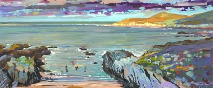 Colourful coastal landscape painting by Woolacombe artist Steve PP of January sea swimmers bathing at Barricane Beach North devon.