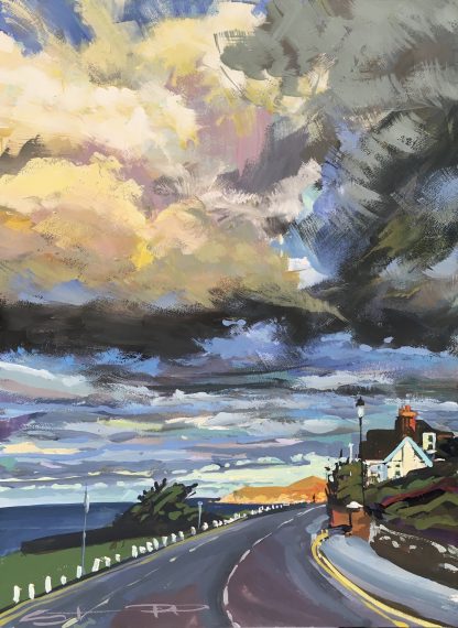 early morning sunrise from the Esplanade Woolacombe, painted in gouache by Devon landscape artist Steve PP.