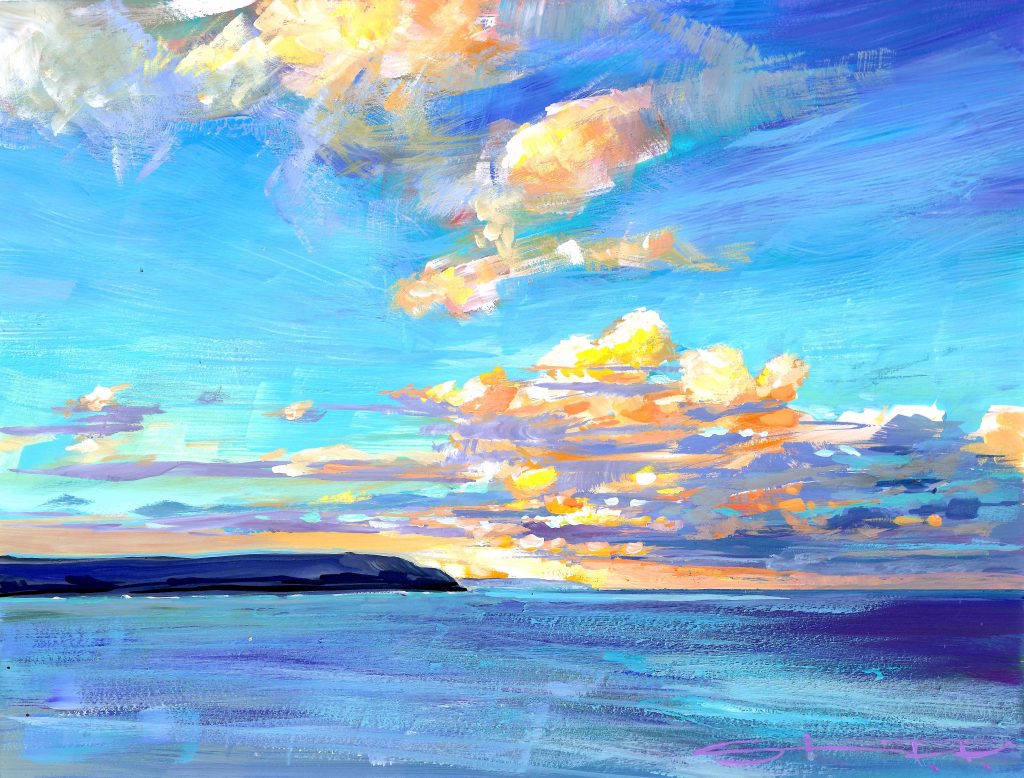 After the storm is a colourful coastal landscape painting in gouache made by Woolacombe impressionist painter Steve PP.