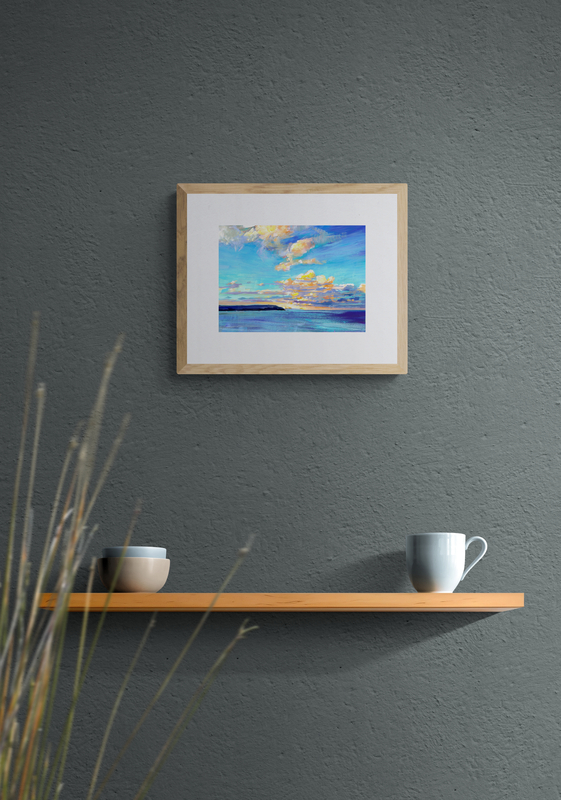 Brighter Days framed painting hanging on a grey wall above a wooden shelf