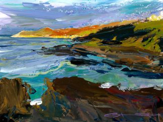 early morning light bathes morte point in warmth. colourful woolacombe art from woolacombe landscape artist Steve PP