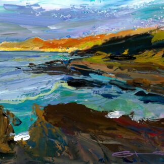 early morning light bathes morte point in warmth. colourful woolacombe art from woolacombe landscape artist Steve PP