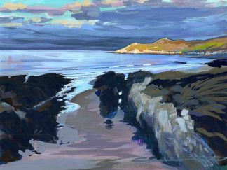 Beautiful early morning sunlight on Morte point from Barricane beach, Woolacombe gouache painting by North devon landscape artist Steve Pleydell-Pearce