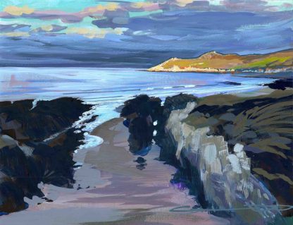 Beautiful early morning sunlight on Morte point from Barricane beach, Woolacombe gouache painting by North devon landscape artist Steve Pleydell-Pearce