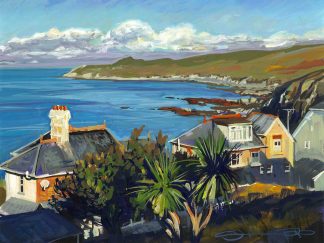 Warm sunlit morning light across Morte Bay , woolacombe and Morte Point. Gouache painting by North devon and Woolacombe landscape artist Steve PP.