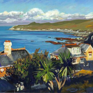 Warm sunlit morning light across Morte Bay , woolacombe and Morte Point. Gouache painting by North devon and Woolacombe landscape artist Steve PP.