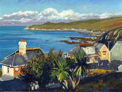 Warm sunlit morning light across Morte Bay , woolacombe and Morte Point. Gouache painting by North devon and Woolacombe landscape artist Steve PP.