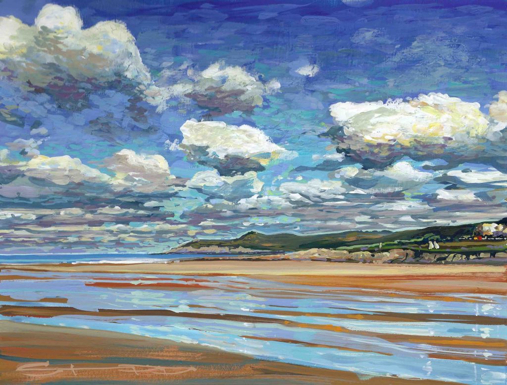 shifting sands an original gouache painting of a blustery cold sunny day on woolacombe sands by Devon landscape artist Steve PP.