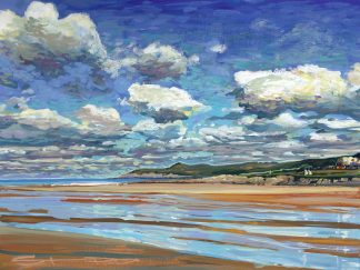 shifting sands an original gouache painting of a blustery cold sunny day on woolacombe sands by Devon landscape artist Steve PP.
