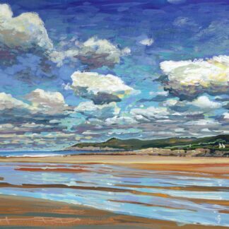 shifting sands an original gouache painting of a blustery cold sunny day on woolacombe sands by Devon landscape artist Steve PP.
