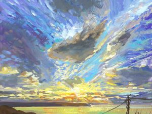 Stunning winter sky as the suns ets over Woolacombe beach painted in gouacheby North devon landscape artist Steve PP.