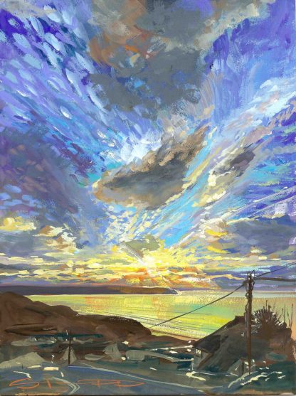 Stunning winter sky as the suns ets over Woolacombe beach painted in gouacheby North devon landscape artist Steve PP.